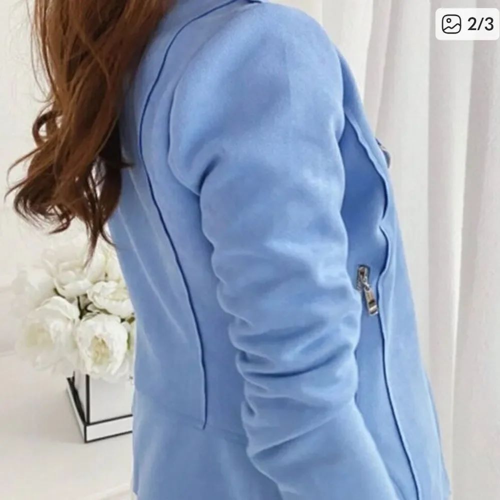 NWT Light Blue Women's Faux Suede Moto Jacket Sz L - Picture 2 of 13